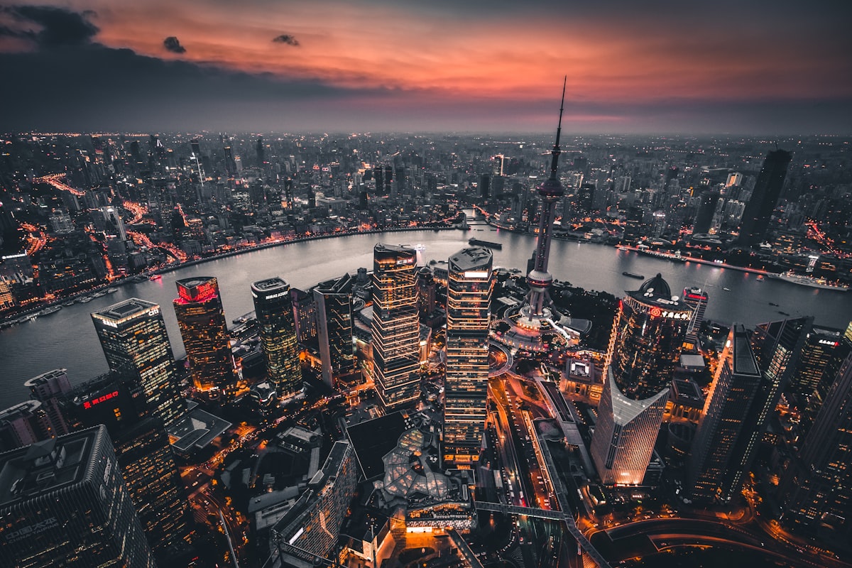 Aerial view of the Shanghai skyline at dusk