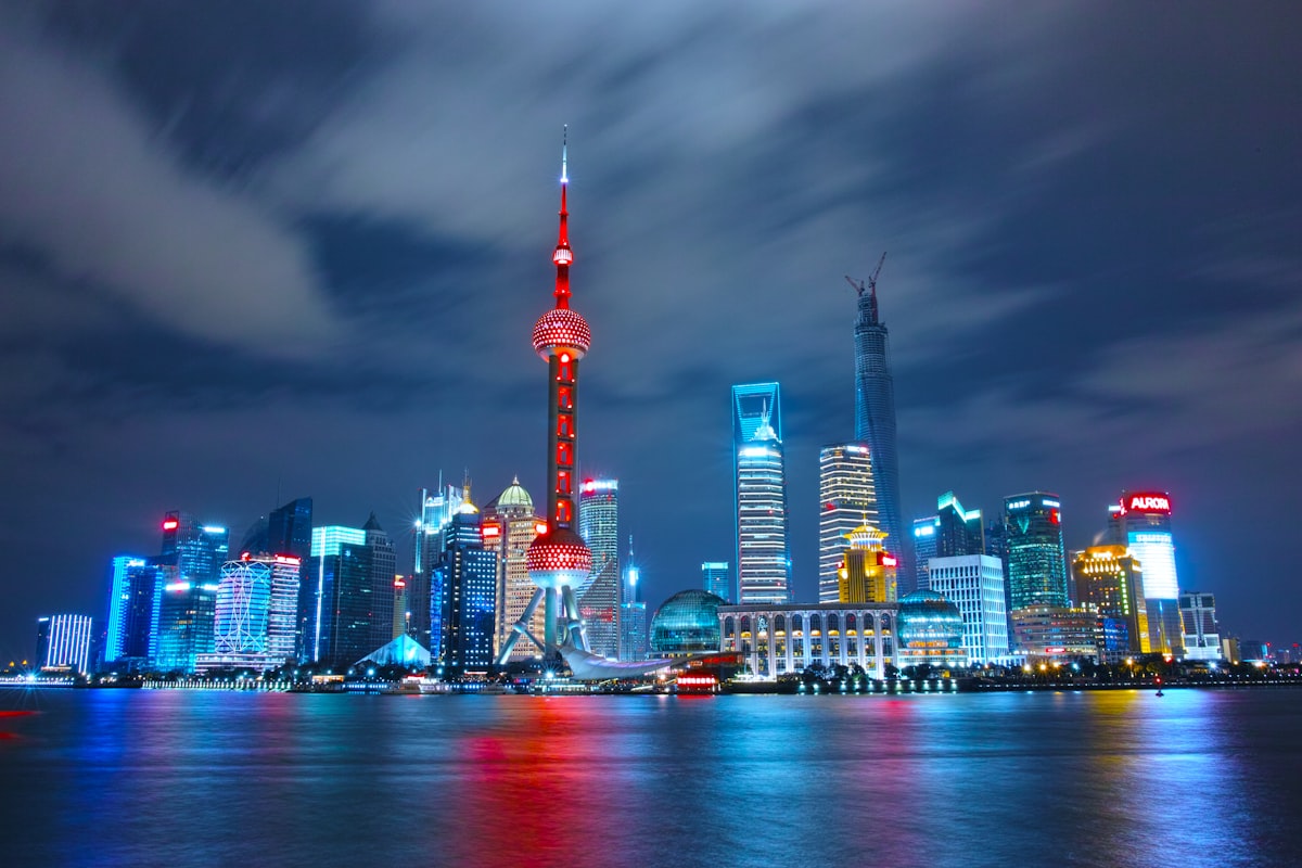 The Shanghai skyline seen from the Bund at night